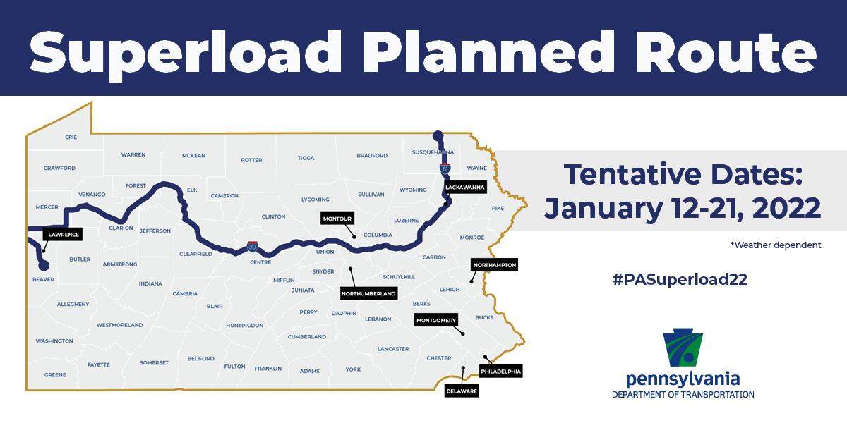 The  213-foot-long, 294 ton superload will travel across Pennsylvania, including I-80 west through Clinton County and Centre County, and into Clearfield County.&nbsp;