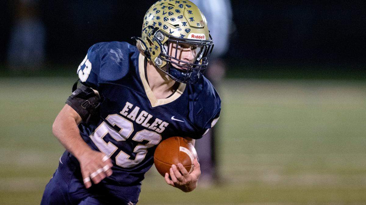 Bald Eagle Area’s Gavin Eckley runs with the ball during the game against Purchase Line on Friday, Oct. 28, 2022.