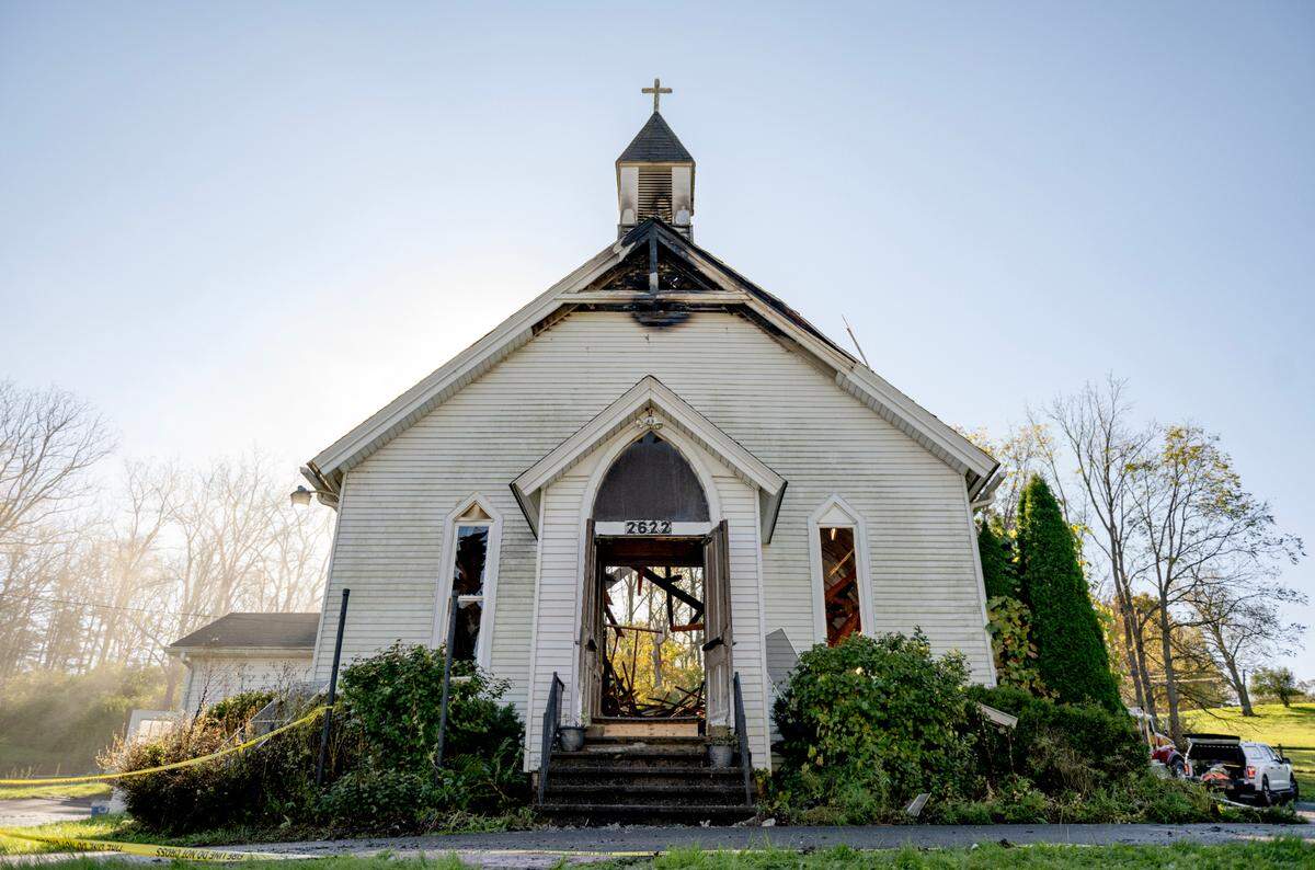A fire destroyed the old Methodist Church on Fillmore Road on Wednesday, Oct. 9, 2024.