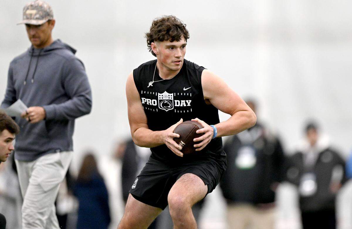 QB Drew Allar drops back to make a pass during Penn State Pro Day on Wednesday, March 18, 2026.  