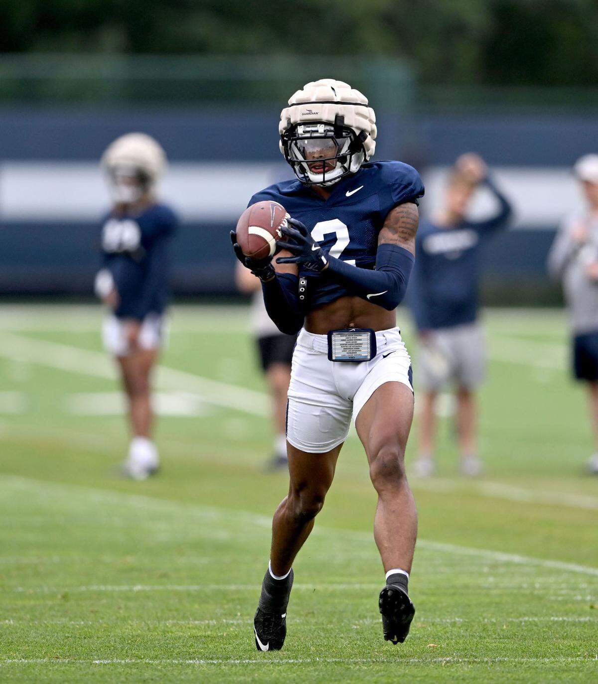 Penn State safety Kevin Winston Jr. makes a catch during a drill at practice on Thursday, Aug. 8, 2024.