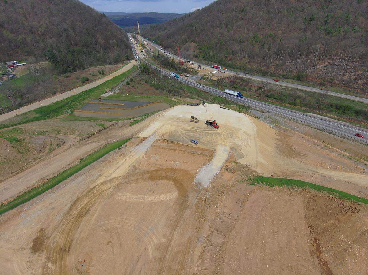 An aerial view of the construction on the I-80/I-99 high-speed interchange on April 16, 2026. Traffic in the lane closest to construction is I-80 eastbound, with the far lane being westbound.