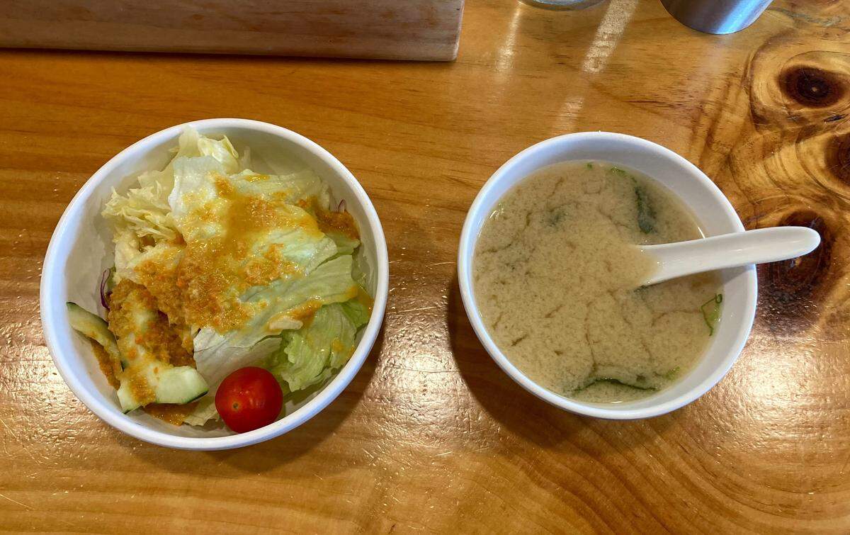 The salad and miso soup that are part of the lunch special at Tadashi Japanese Restaurant in State College.