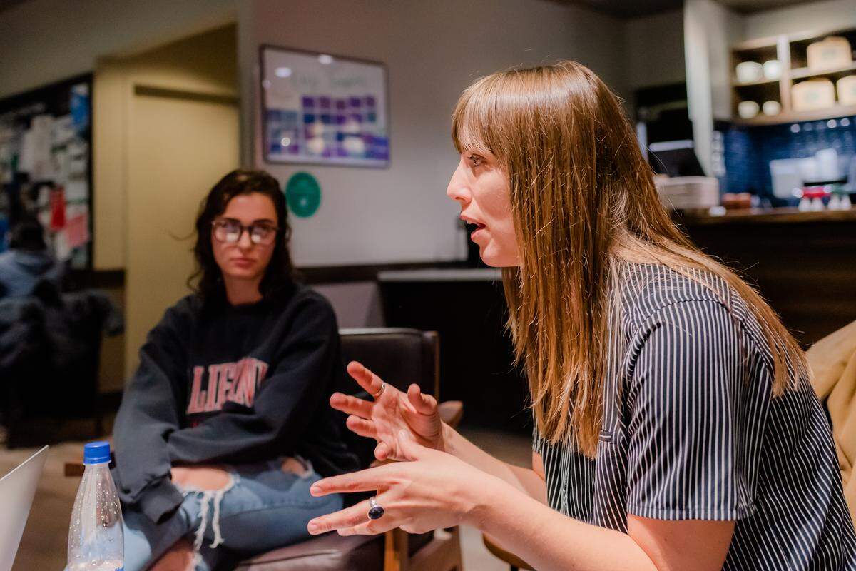 “Sisters” writer and director Sarah Nolen talks during a pre-production meeting on Wednesday.