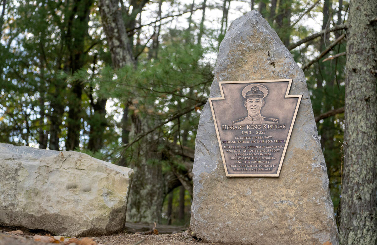 A memorial for Hobart King Kistler at a view point along Hobie’s Trail at Colyer Lake on Friday, Oct. 14, 2022. The memorial was placed this April on the anniversary of his passing.