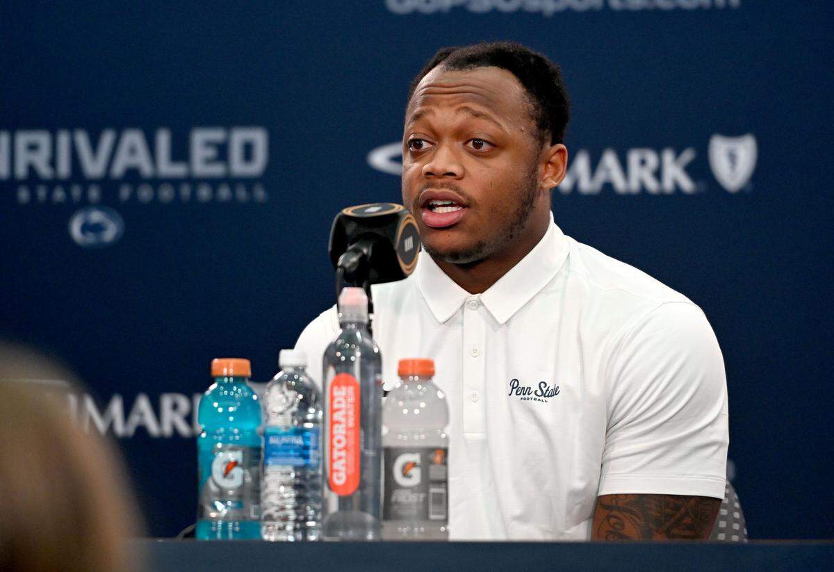 Penn State linebacker Kobe King answers questions during a press conference on Tuesday, Dec. 17, 2024.