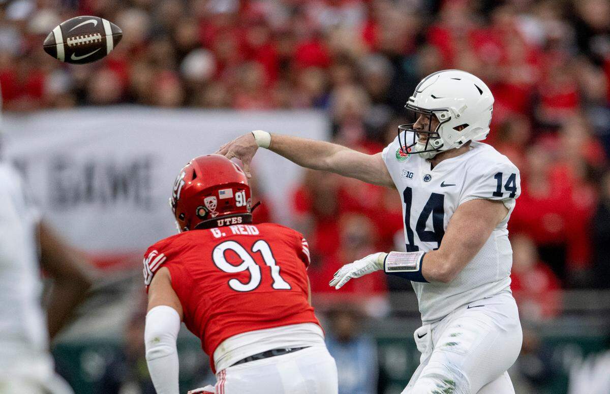 Penn State quarterback Sean Clifford makes a pass during the Rose Bowl game against Utah on Monday, Jan. 2, 2023.
