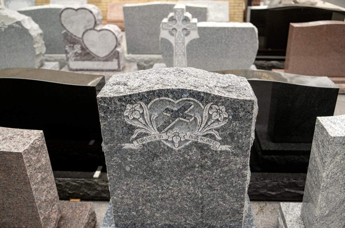 Stone examples outside of Mayes Memorials in Lemont on Thursday, Feb. 16, 2023.