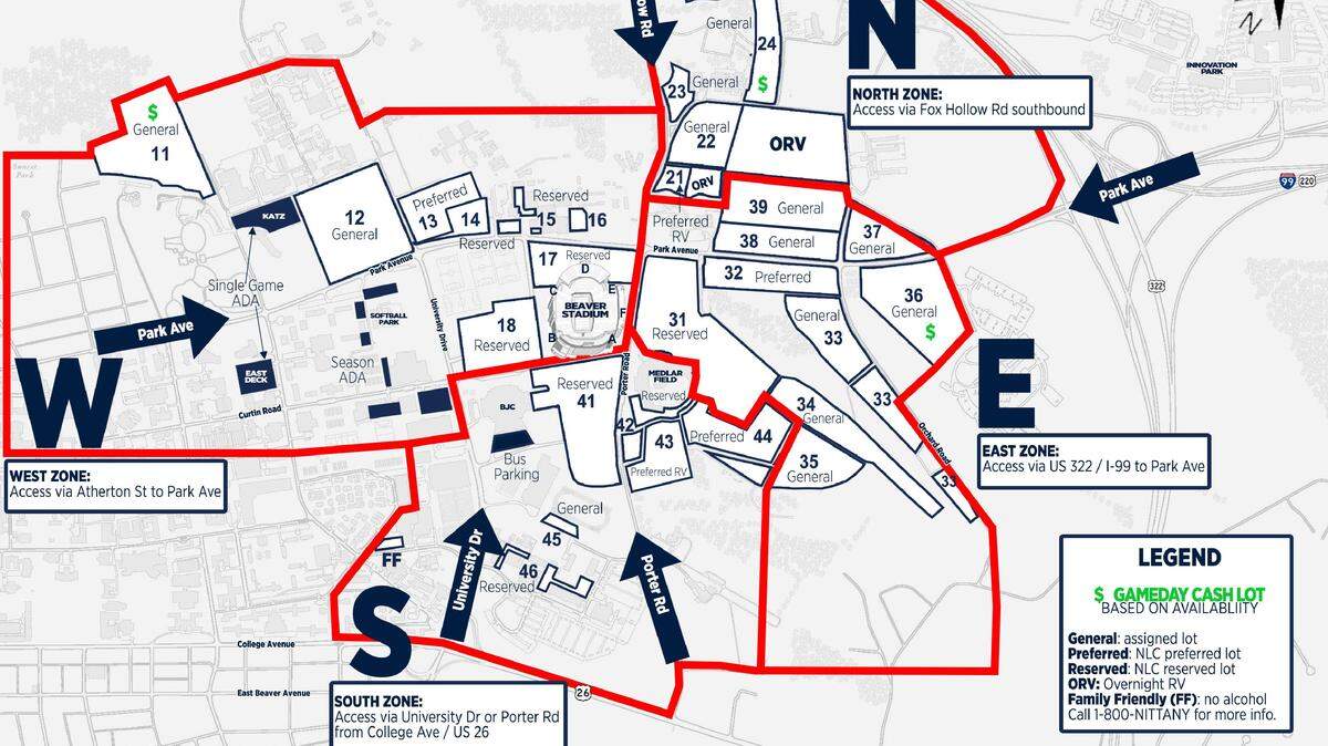 Penn State’s new parking/traffic zone map for 2019.