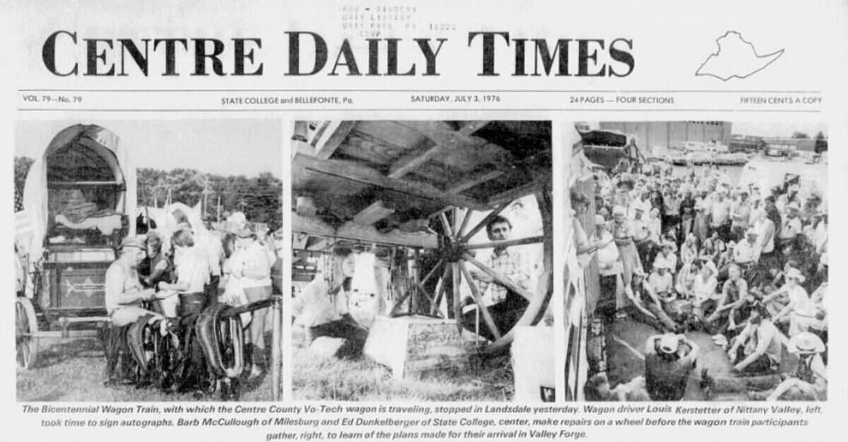The Bicentennial Wagon Train passed through Centre County in June 1976. Residents from Milesburg and State College are pictured repairing a wagon wheel in this spread published on July 3, 1976.