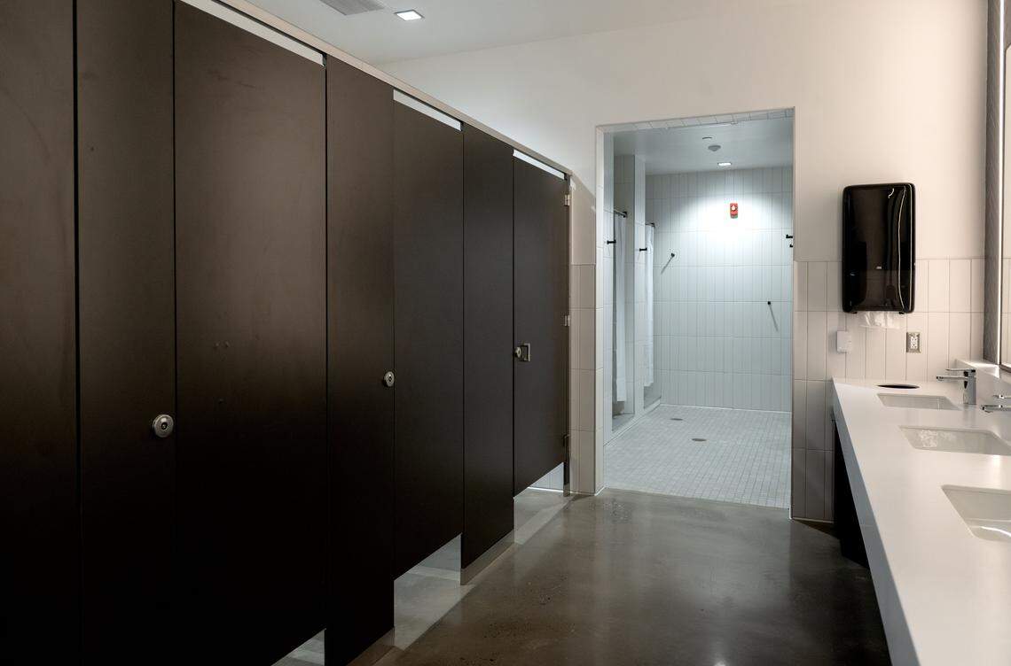 Bathrooms and showers in the Penn State women’s soccer locker room in the Jeffrey Field Soccer Complex.