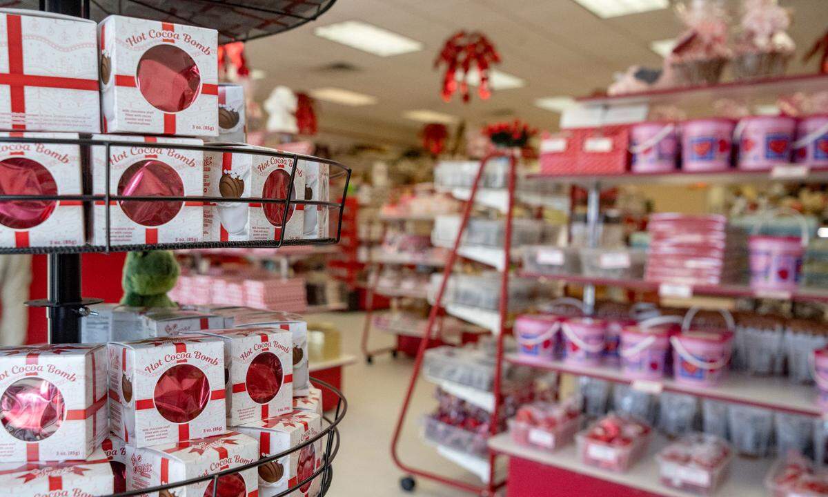 A display of hot cocoa bombs along with Valentine’s Day specials at Gardners Candies on North Atherton Street.