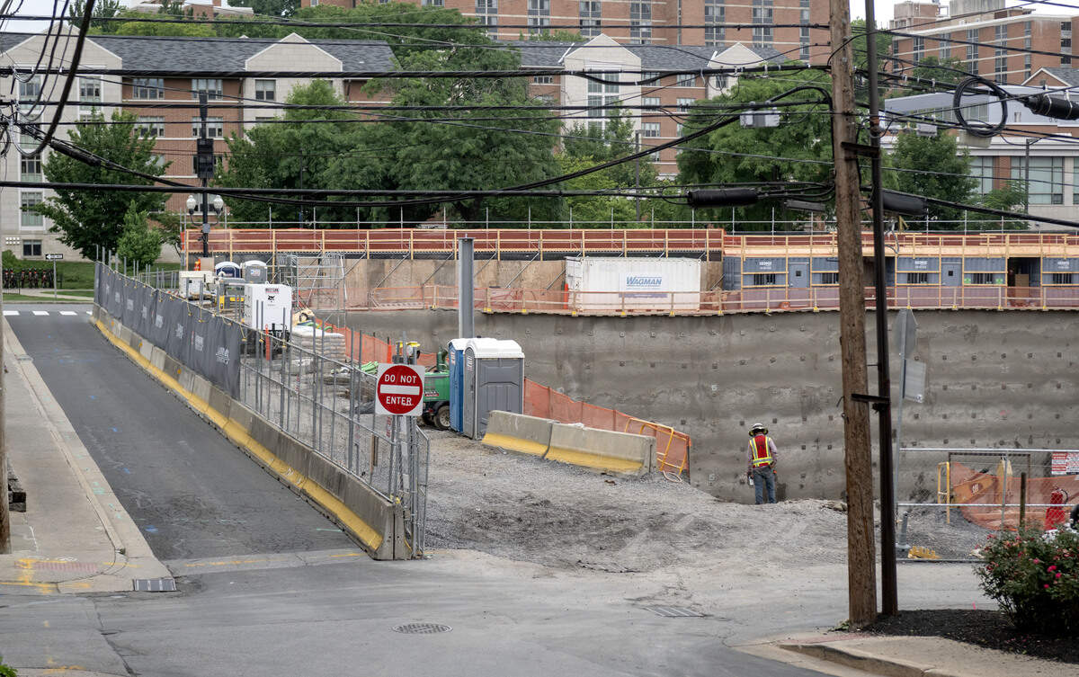 Construction of a new building on the corner of East College Avenue and Sowers Street in downtown State College on Wednesday, July 8, 2026.