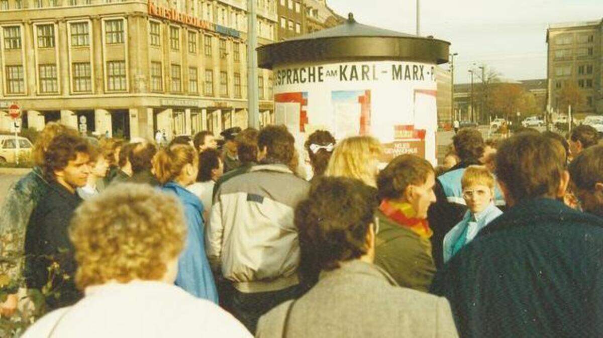 In Leipzig, a crowd at the Karl Marx Square studied an information column covered in fliers calling for meetings and suggestions of change.
