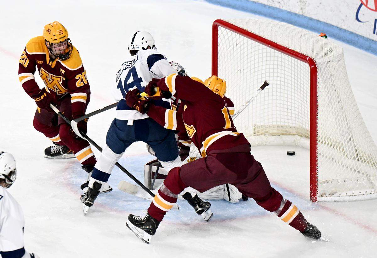 Penn State's Matt DiMarsico scores a goal in the second period of the game against Minnesota on Wednesday, March 11, 2026 at Pegula Ice Arena. It was DiMarsico’s 100th point of his Penn State career.  