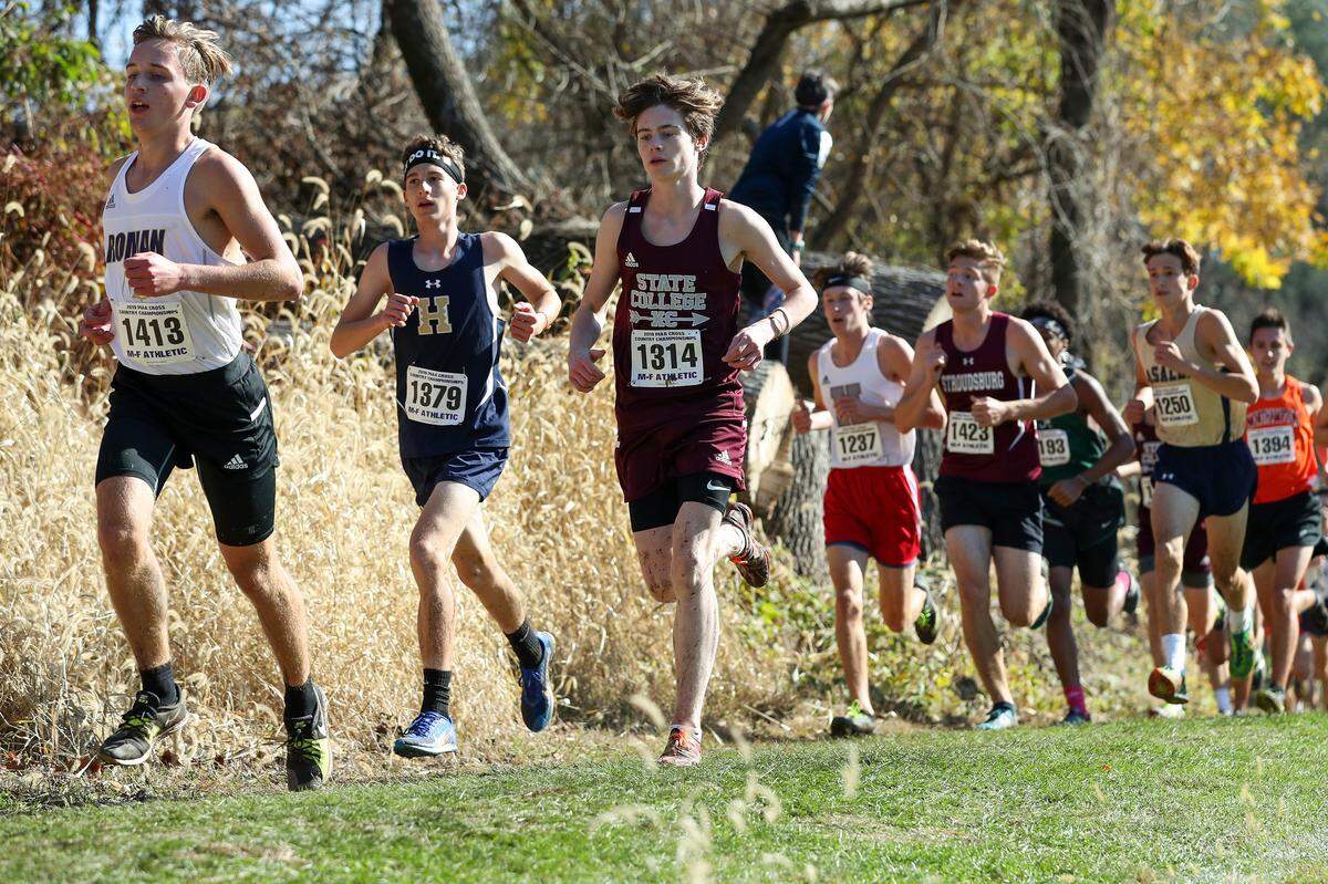 State College’s Sean Adams runs in the PIAA Class 2A boys’ cross-country championship race held Saturday at Parkview Cross Country Course in Hershey.