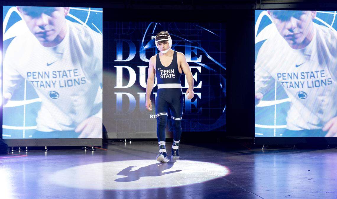 Penn State's PJ Duke is introduced for his 157-pound championship bout at the Big Ten Wrestling Championships on Sunday, March 8, 2026.  