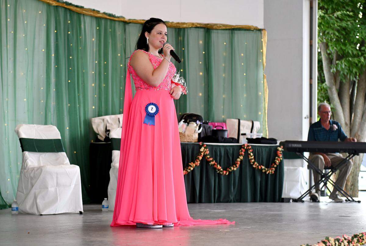 AnneLea Barger introduces herself during the 2025 Centre County Grange Fair Queen Coronation on Wednesday, Aug. 13, 2025. Barger is the queen alternate for the fair. 