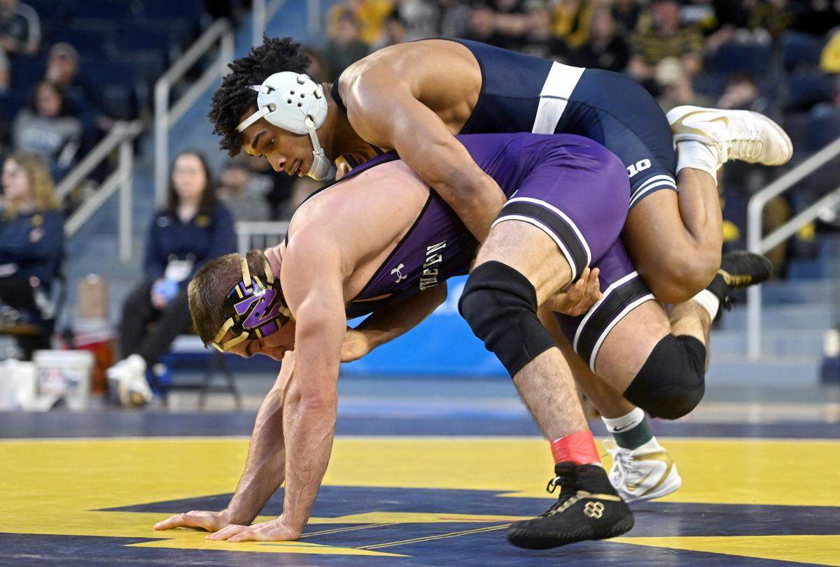 Penn State’s Carter Starocci controls Northwestern’s Troy Fisher in a 174 lb quarterfinal bout of the Big Ten wrestling championships at the Crisler Arena in Ann Arbor Michigan on Saturday, March 4, 2023.
