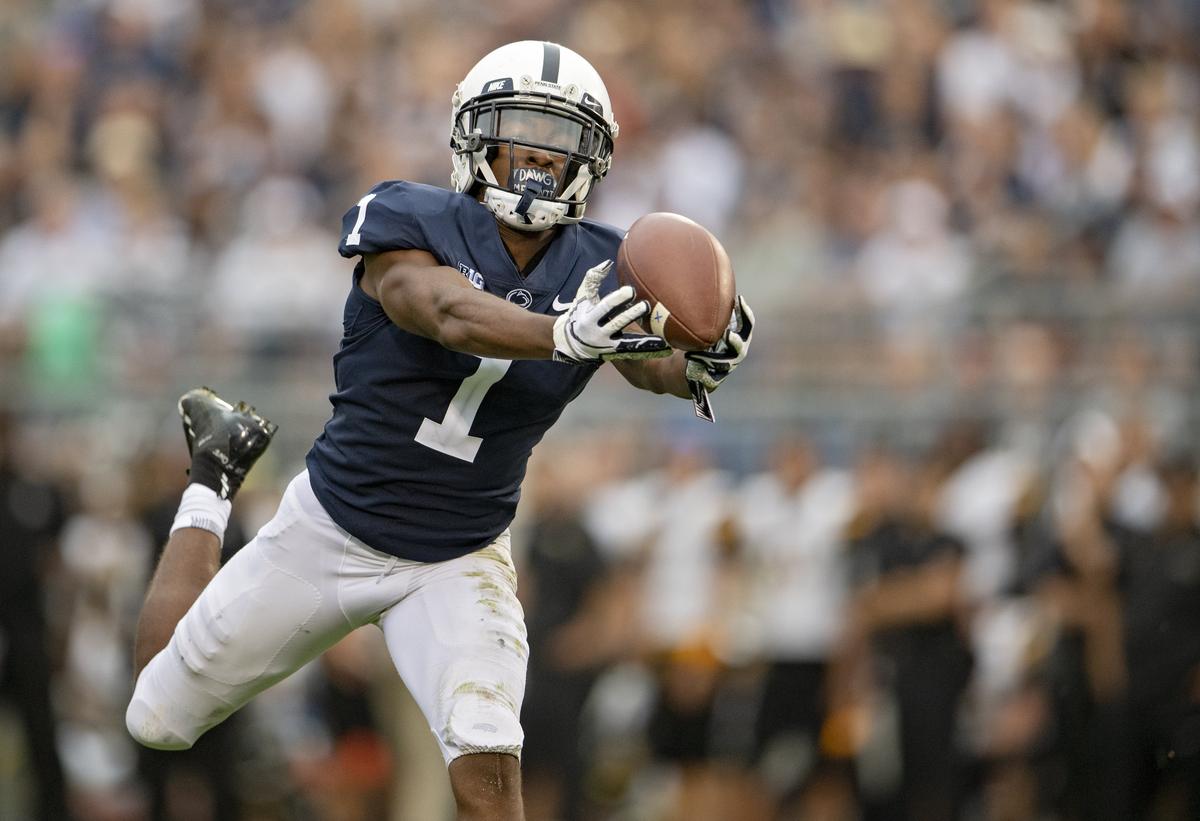 Penn State wide receiver KJ Hamler makes a catch during the Saturday, Sept. 1, 2018 game against Appalachian State at Beaver Stadium.