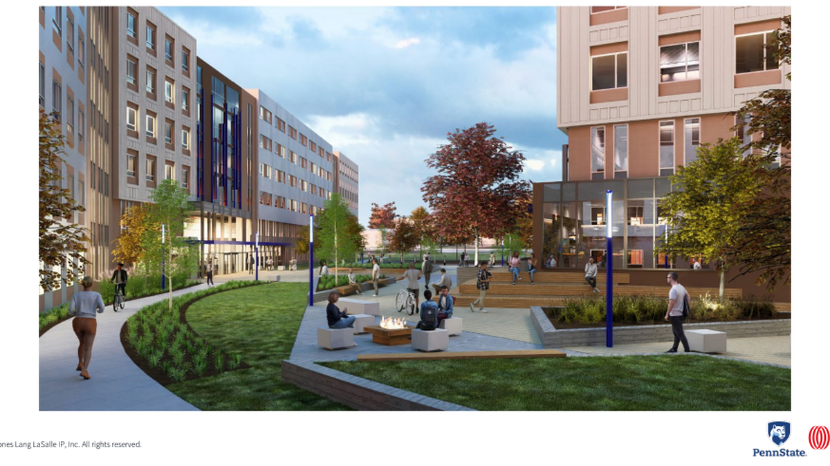 Penn State is moving forward with a ground lease for a 1,500 bed housing project at University Drive and College Avenue on its University Park campus. This rendering shows what the development may look like.