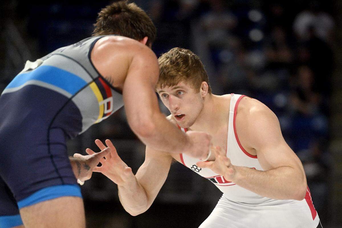 Connor Mirasola faces David McFadden in a first round 65 kg bout during the U.S. Olympic Team Trials at the Bryce Jordan Center on Friday, April 19, 2024.