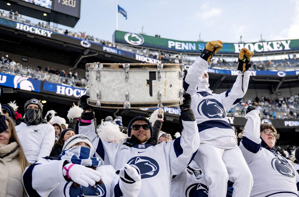 The Penn State student section cheers during the men’s hockey game against Michigan State at Beaver Stadium on Saturday, Jan. 31, 2026.