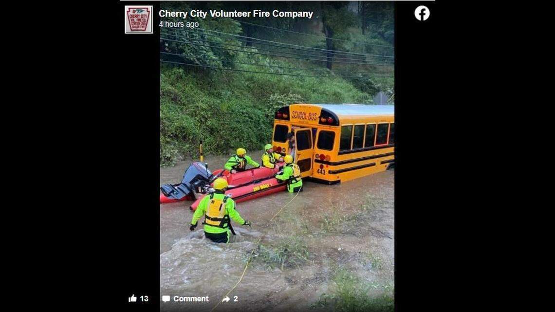 A school bus was evacuated when it was stuck in rising flood waters, Pennsylvania officials said.