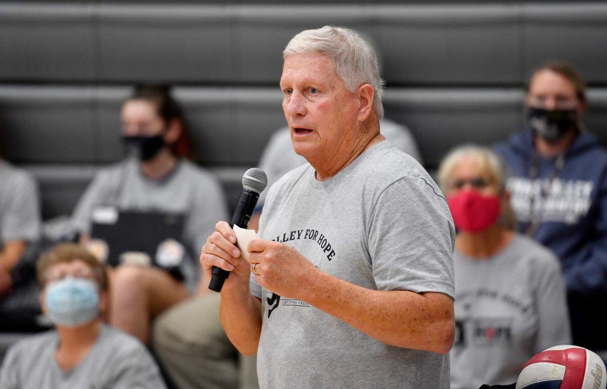 Dan Gensimore, president of the HOPE Fund of Penns Valley’s board of directors, talks about the thousands of dollars the organization has raised to help those in the valley. Penns Valley girls volleyball hosted Volley for Hope game to raise money for the organization on Wednesday.