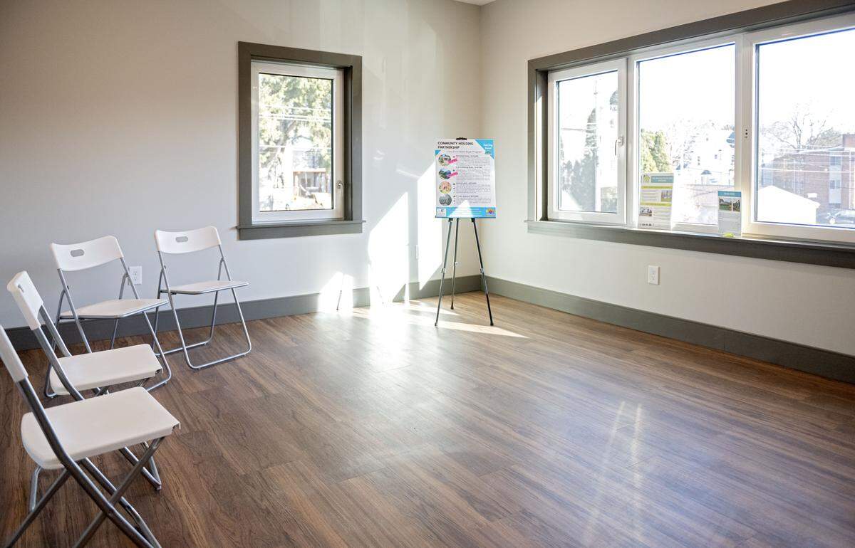 The living room in the upstairs apartment at the Old Boalsburg Road Flats in State College. The energy-efficient apartments were a collaboration between the State College Borough, the State College Community Land Trust and the HOME Foundation. 