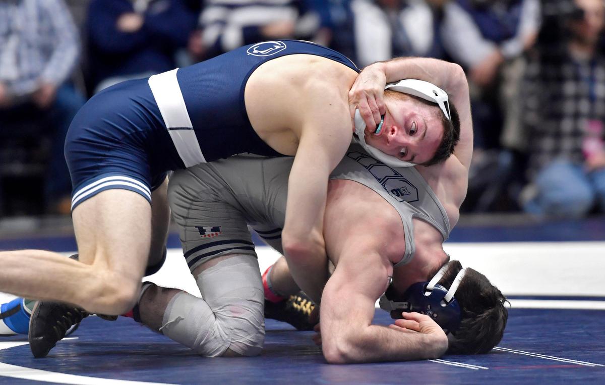 Penn State’s Nick Lee controls Illinois’ Dylan Duncan in the 141 lb bout during the match on Friday, Jan. 10, 2020 in Rec Hall. Lee won major decision, 13-5.