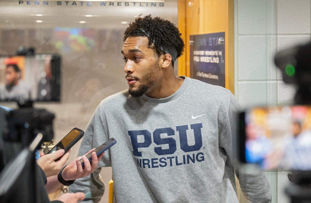 Penn State wrestler Carter Starocci talks to the media on Monday, Jan. 27, 2025.