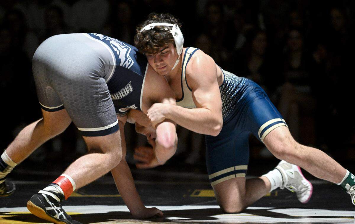 Bald Eagle Area’s Caleb Close controls Philipsburg-Osceola’s Ean Williams in the 189 lb match during the dual on Thursday, Jan. 18, 2024.