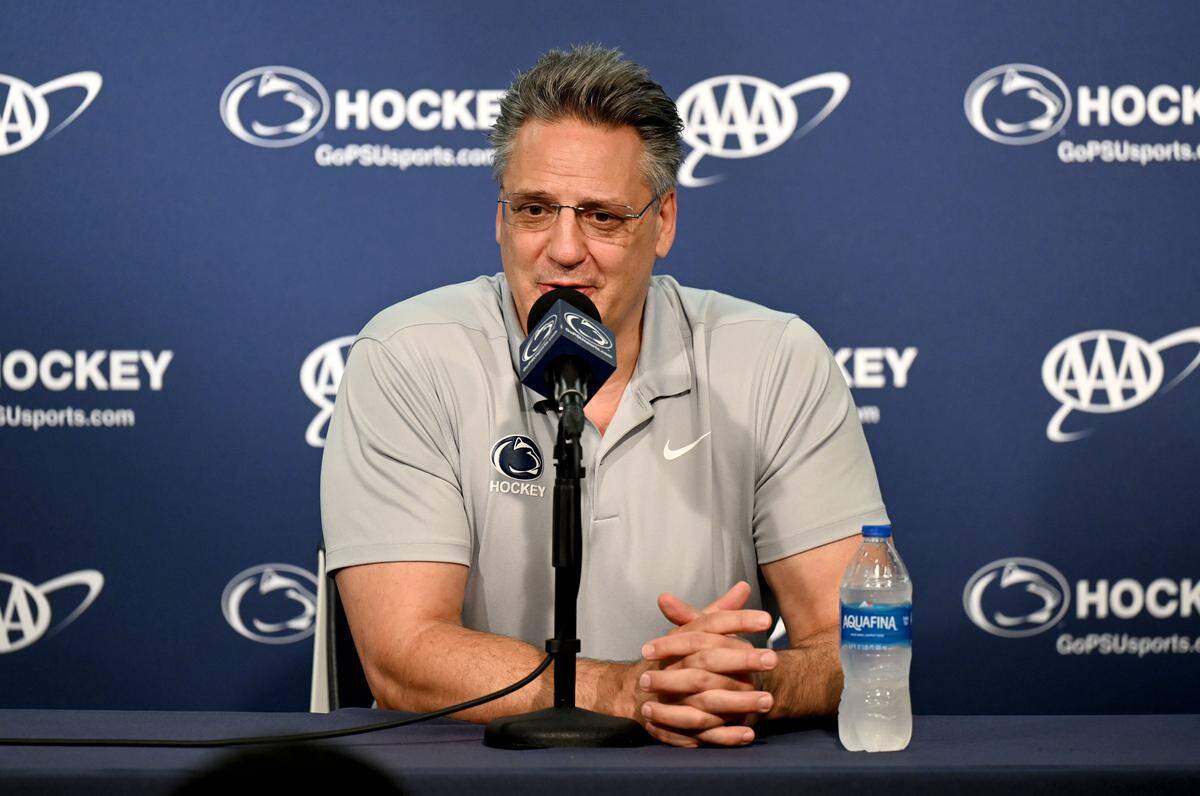 Penn State men’s hockey coach Guy Gadowsky answers questions during media day on Monday, Sept. 29, 2025.