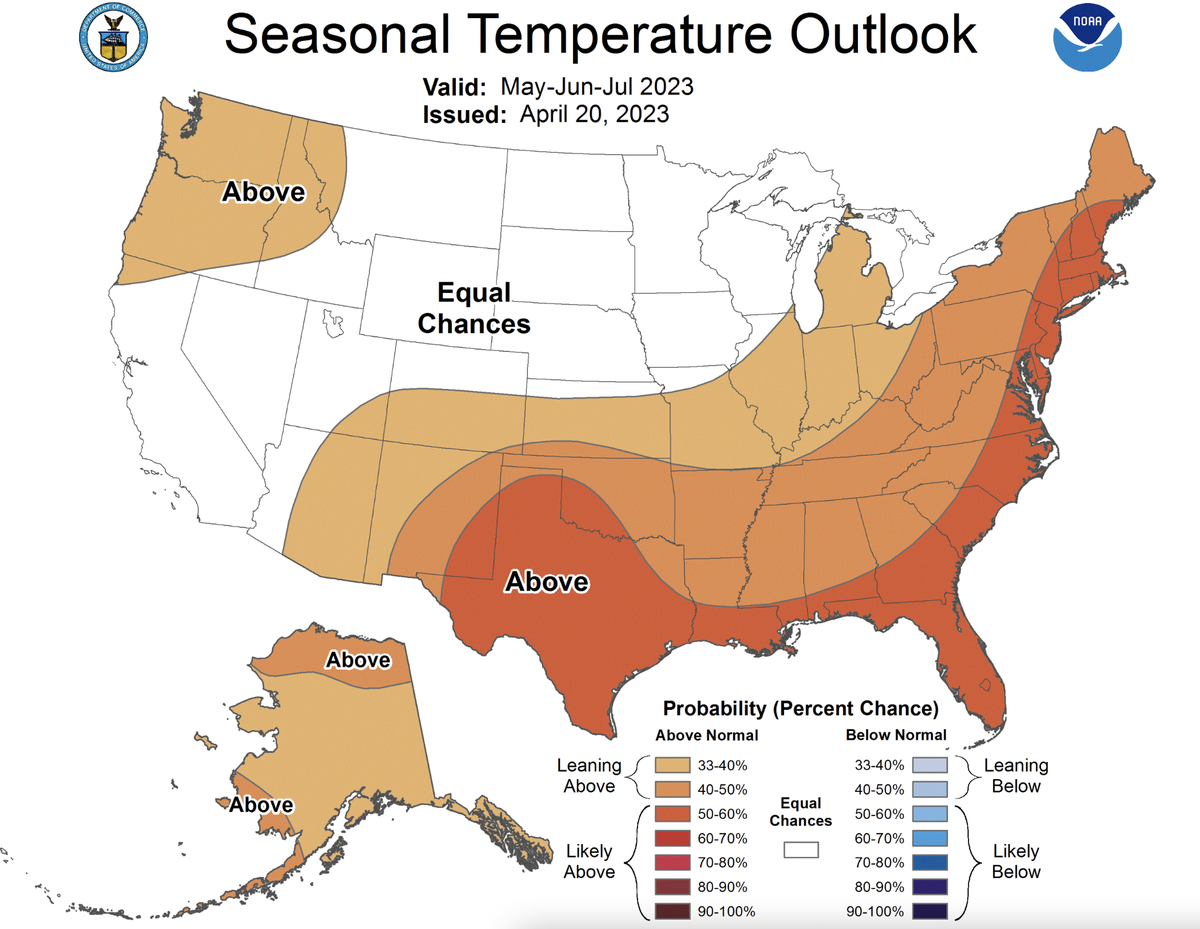 The latest seasonal outlook from the National Weather Service’s Climate Prediction Center shows Pennsylvania is expected to experience above-average temperatures this spring and summer.