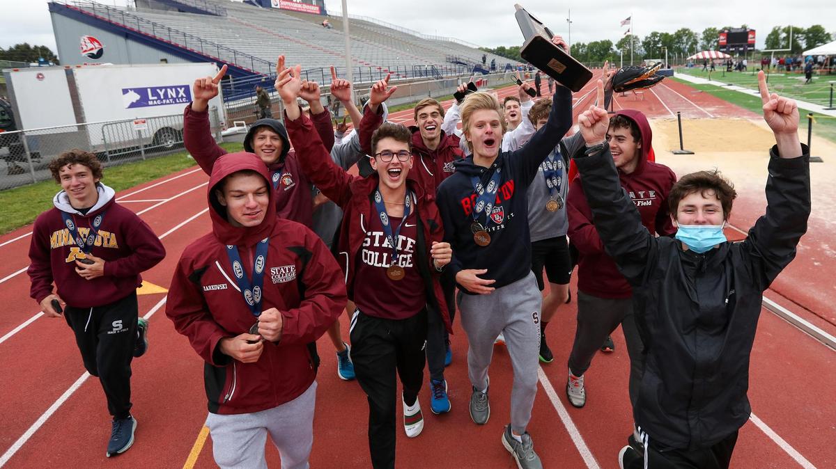 The State College boys’ track and field team takes a victory lap after securing the Class 3A team championship title during the PIAA State Track and Field Championships held Saturday, May 29, 2021, at Seth Grove Stadium on the Shippensburg University campus in Shippensburg.