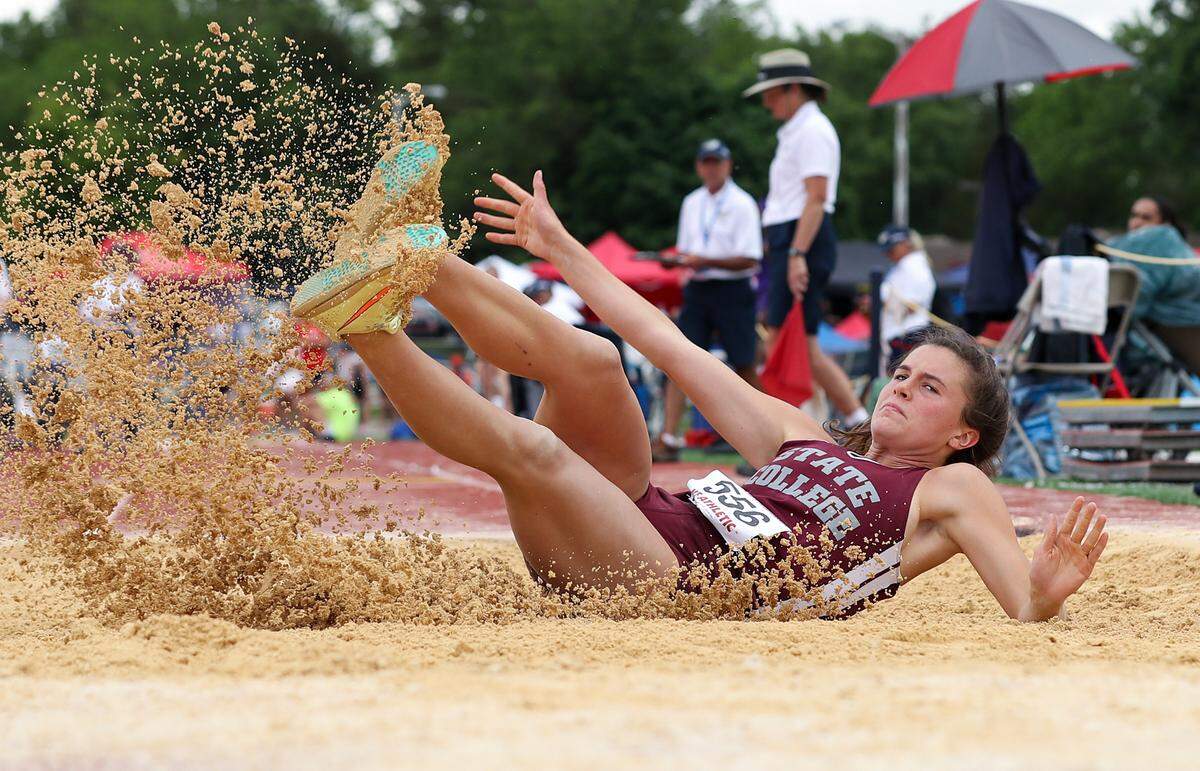 State College’s Shannon Mullin competes in the girls Class 3A triple jump finals during the PIAA State Track and Field Championships held Friday at Seth Grove Stadium on the Shippensburg University campus in Shippensburg.