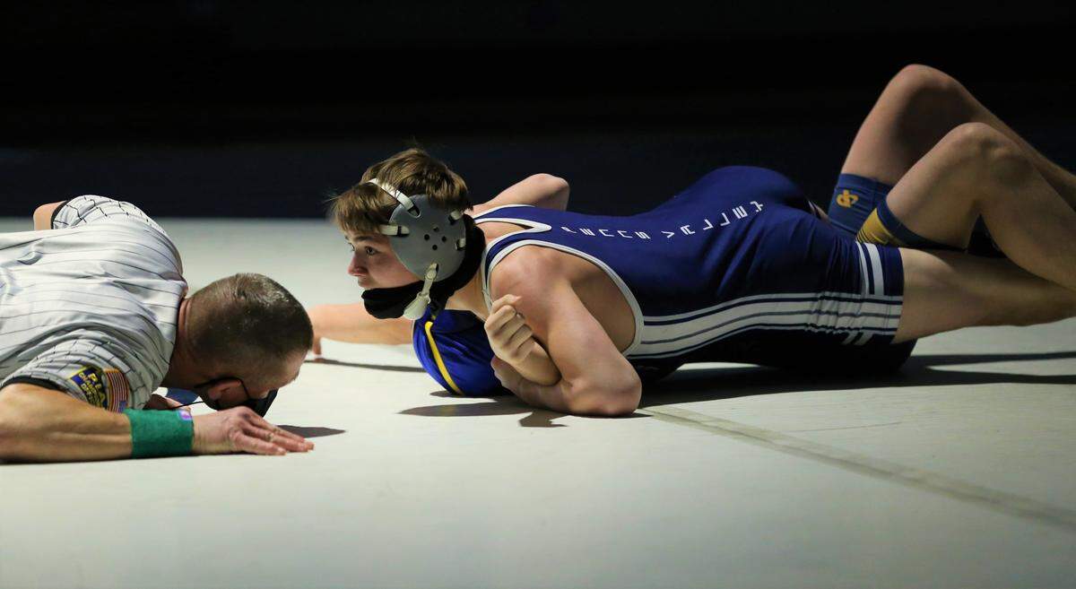 Penns Valley’s Hayden Yearick looks to pin Glendale’s Nate Storm during their 120-pound bout during the Rams’ 34-31 loss in the District 6 Class 2A Team Championship semifinals on Tuesday. Yearick pinned Storm in 52 seconds.