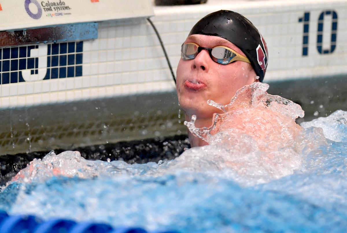 State College’s Matt Brownstead looks to the times after winning the boys AAA 50 yard freestyle during the District 6 swimming championships on Friday, Feb. 28, 2020.