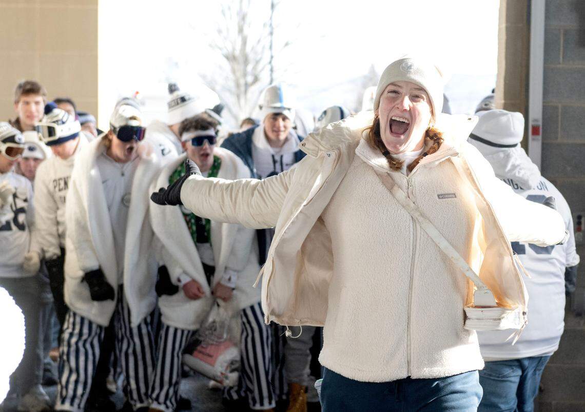 The Penn State student section gets pumped up to be let into Beaver Stadium for the CFP first round game between Penn State and SMU on Saturday, Dec. 21, 2024.