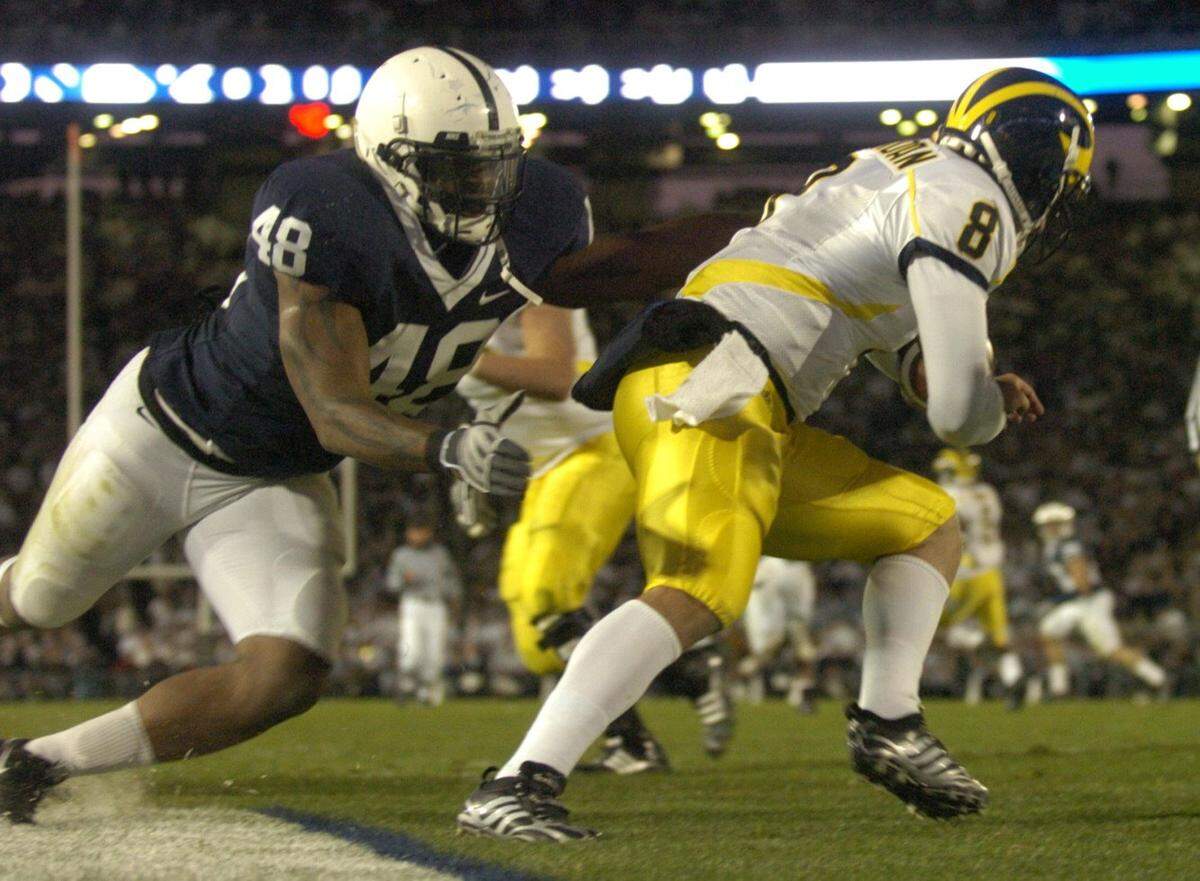 Maurice Evans sacks Nick Sheridan for a safety in the third quarter during the Penn State vs. Michigan football game. in October 2008.