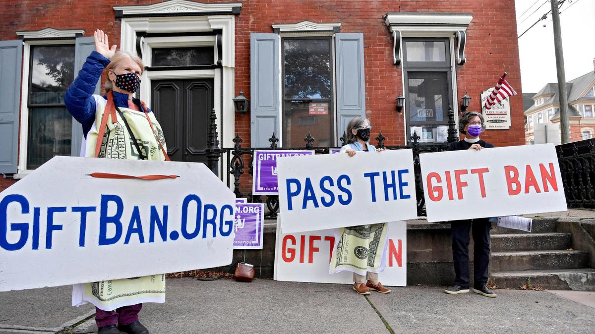 Members from March on Harrisburg gathered outside the office of House Majority Leader Kerry Benninghoff, R-Bellefonte, about House Bill 1945 which bans gifts to lawmakers on Thursday, Oct. 1, 2020.