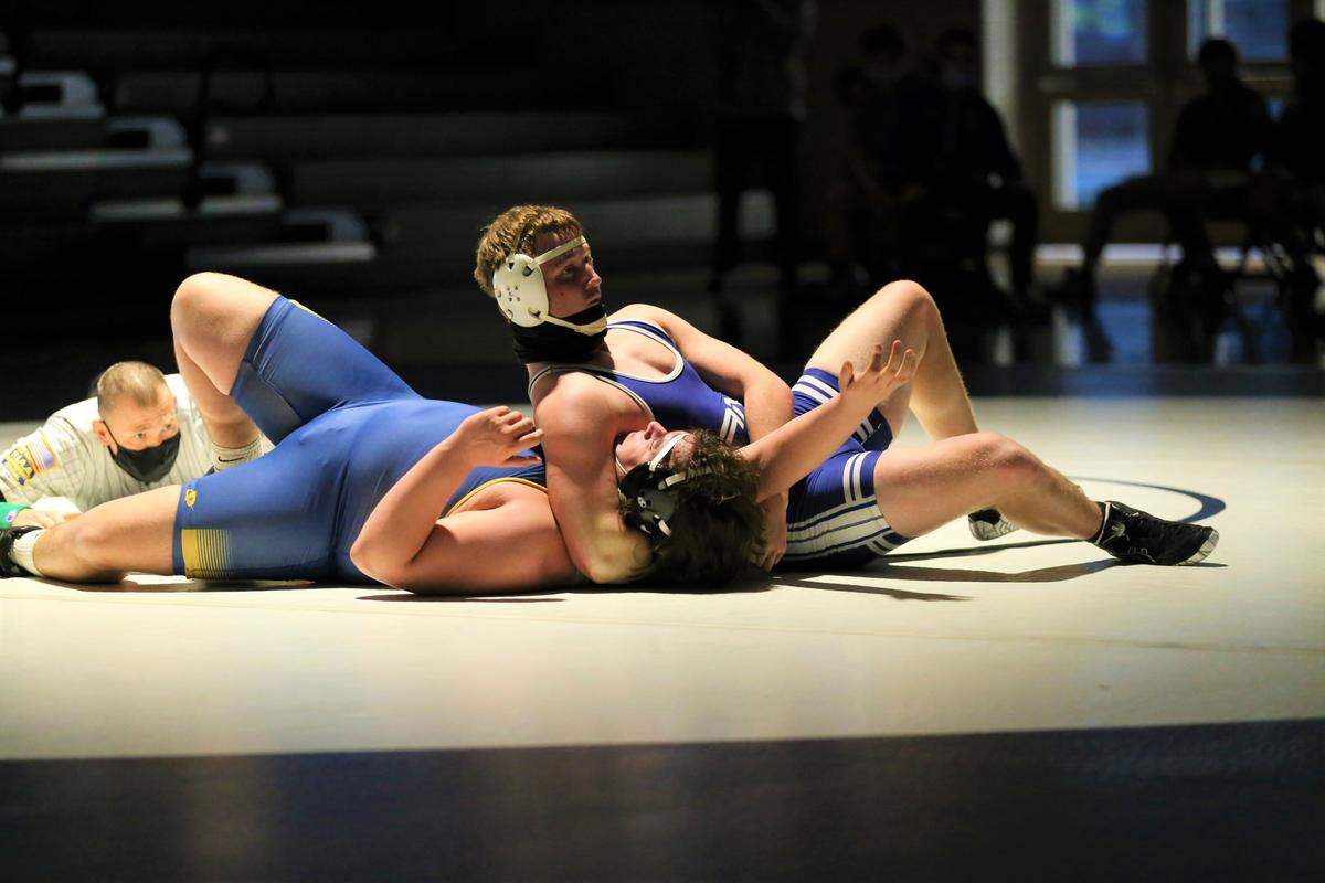 Penns Valley’s Ben Sharer looks to pin Glendale’s Brock Smeal during their 285-pound bout of the Rams’ 34-31 loss in the District 6 Class 2A Team Championship semifinals on Tuesday. Sharer earned the pin in 5:15.