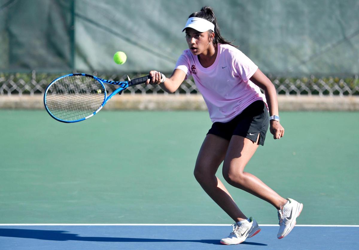State CollegeÕs Sruthi Ramesh returns the ball during her match against Mifflin CountyÕs Sydney Kylie on Wednesday, Sept. 23, 2020.