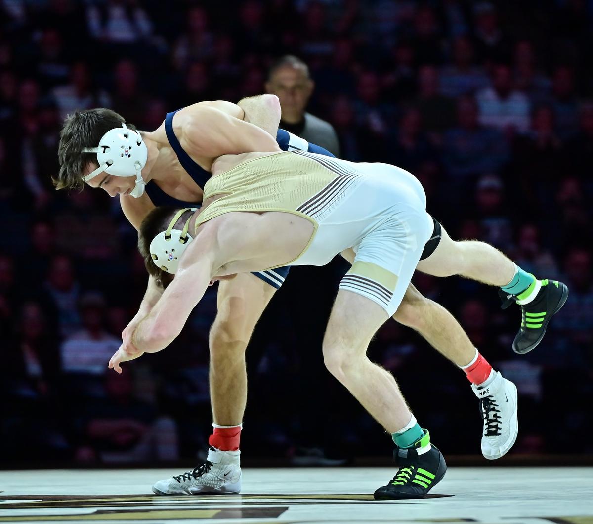 Penn State’s Luke Lilledahl battles for positioning with Lehigh’s Sheldon Seymour in their 125-pound bout of the Nittany Lions’ 36-3 win on Sunday at PPL Center in Allentown. Lilledahl beat Seymour, 4-1.