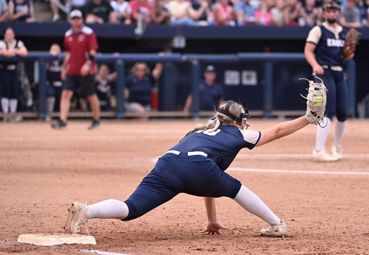 Bald Eagle Area first baseman Madison Shiffer stretches for the ball during Friday’s 2025 PIAA Championship game held at Beard Field in State College. BEA lost to Pine Grove Area, 4-3, in 13 innings.