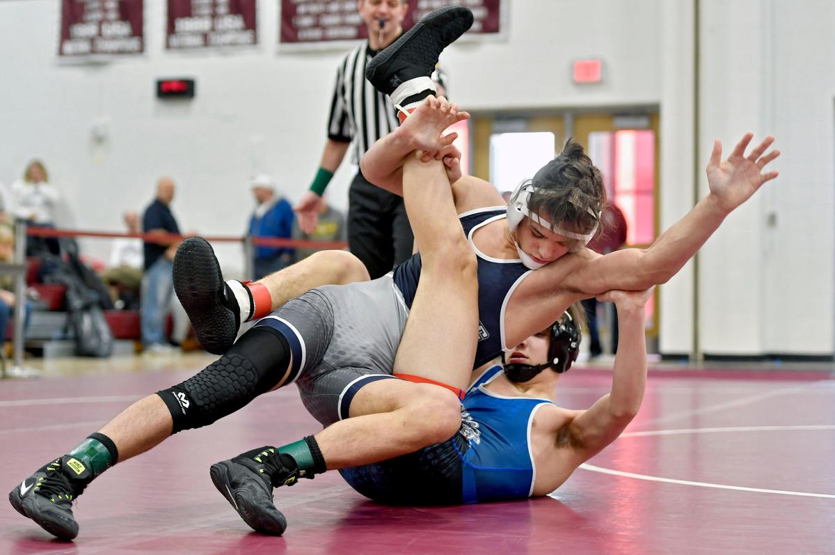 Philipsburg-Osceola’s Chase Chapman controls West Branch’s John Myers in a 138 lb bout during the District 6 2A tournament on Friday, Feb. 14, 2020. Chapman won by major decision.