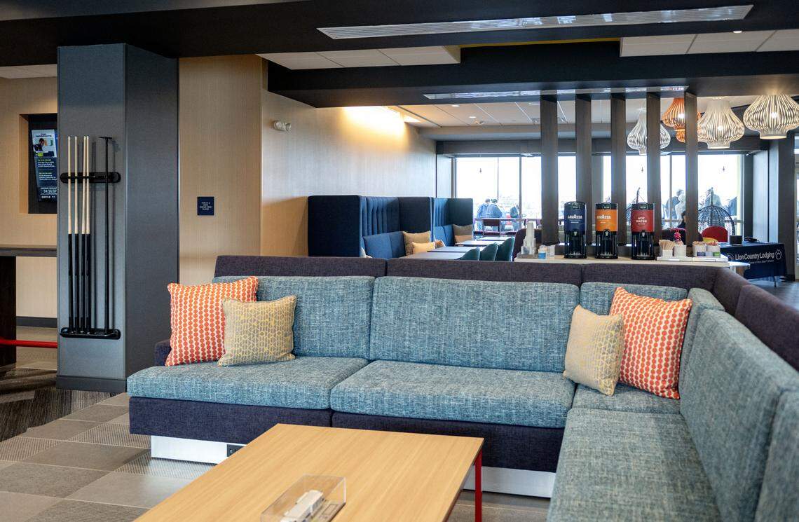 Part of the lobby in the new Tru Hotel by Hilton on Benner Pike is pictured during a grand opening celebration on Wednesday, April 22, 2026.  