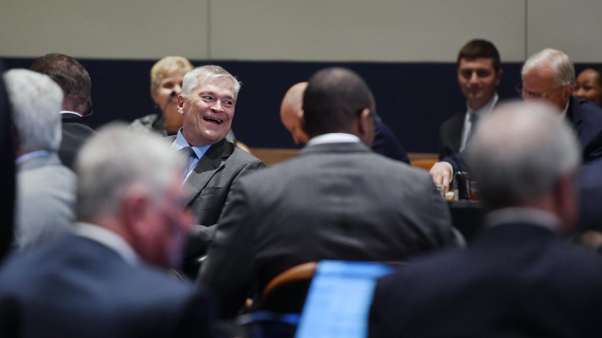 President Barron smiles during the Penn State Board of Trustees meeting Friday, Sept. 14, 2018, at the Penn Stater Conference Center Hotel.