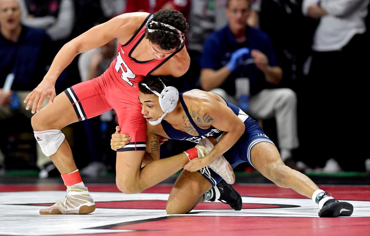 Penn State’s Roman Bravo-Young controls Rutgers’ Sammy Alvarez in the quarterfinals of the Big Ten Wrestling championships at Rutgers on Saturday, March, 7, 2020.